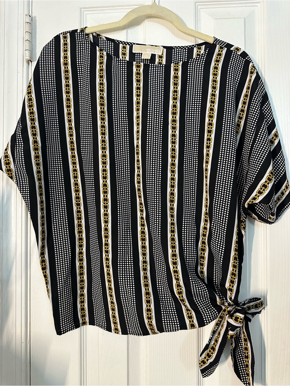 Michael Kors Black, White & Gold Striped Short-Sleeve Knot-Side Top